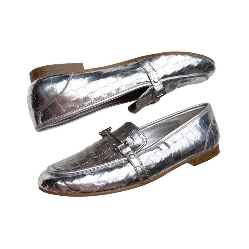 Aldo Metallic Loafers Silver Shiny Croc Print Horse Bit Loud Luxury Cyber Sz 7.5